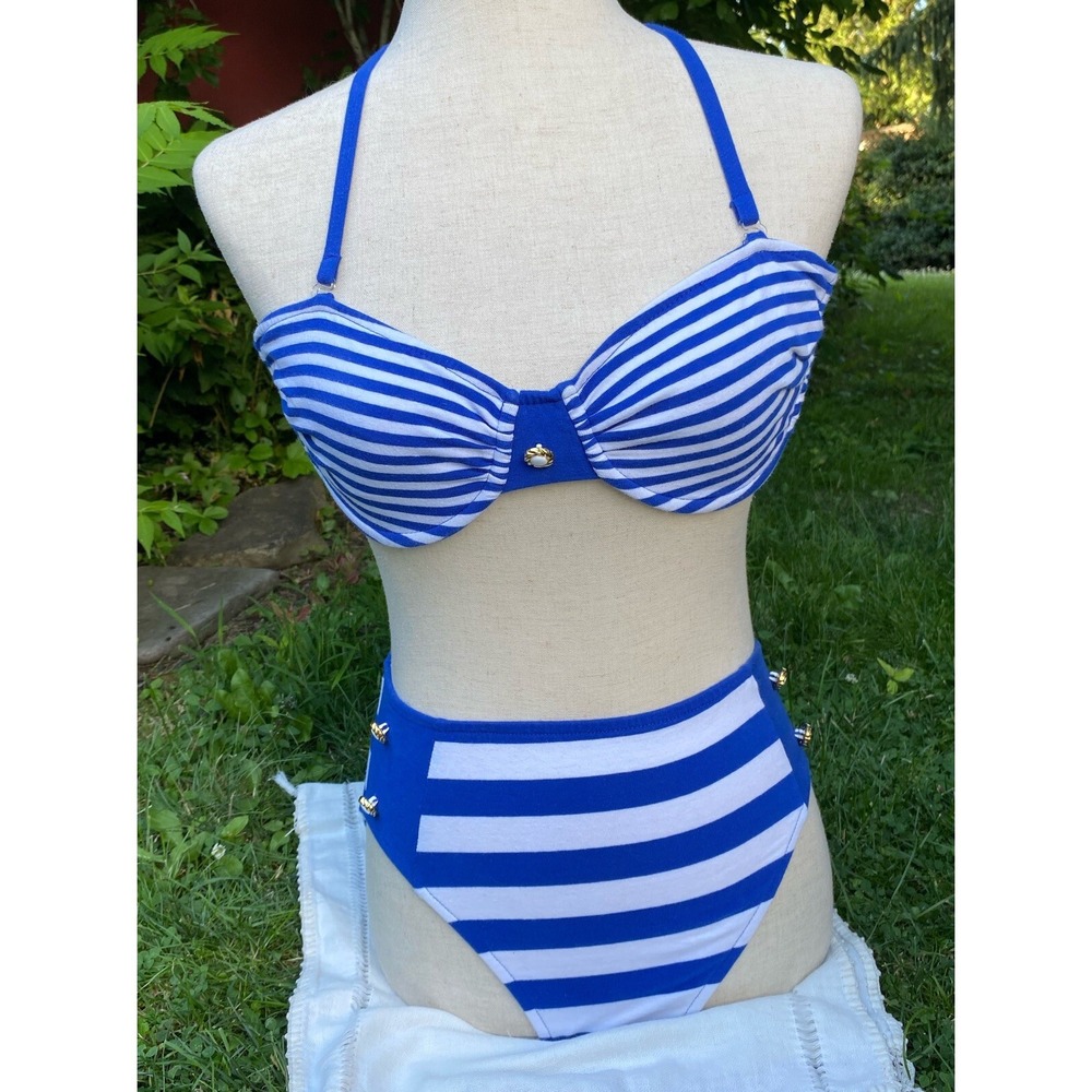 vintage pin up gabar nautical bikini swimsuit blue and white stripe